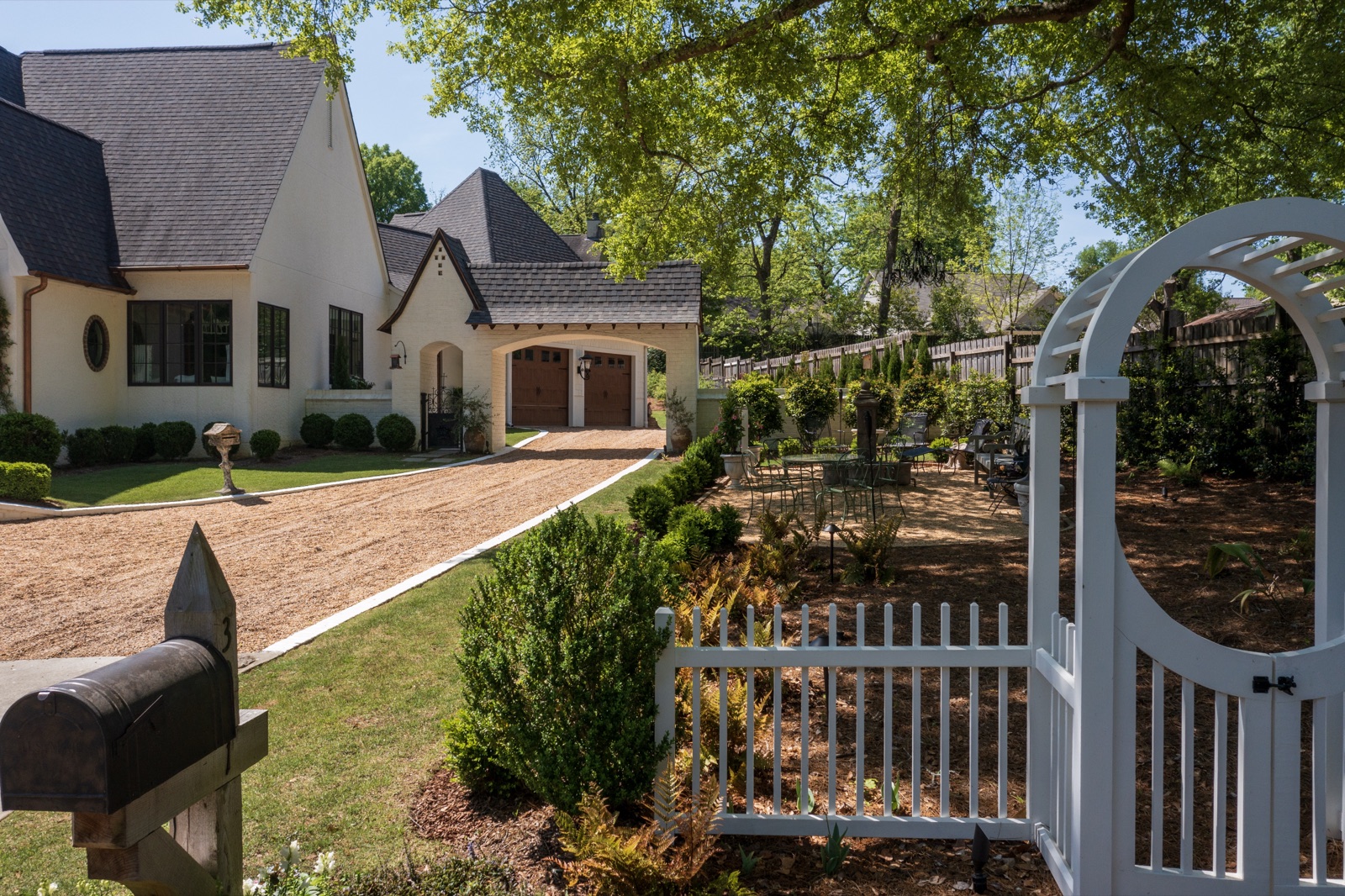 White picket arbor and walkway